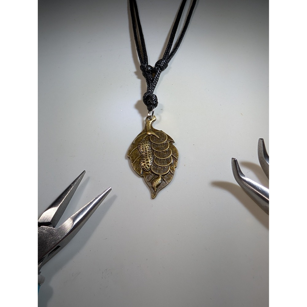 Bronze Leaf Peanut Coin Pendant Necklace Adjustable Black Cord Prosperity Boho